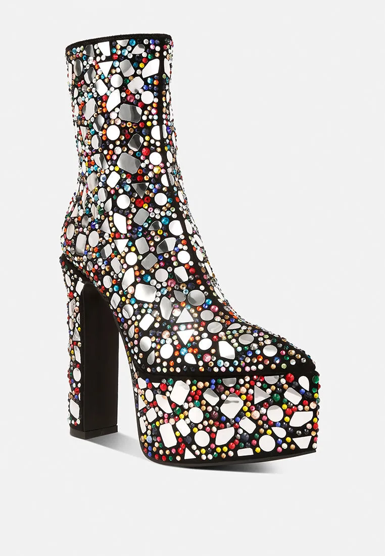 fancy mirror embellished platform high heel boots