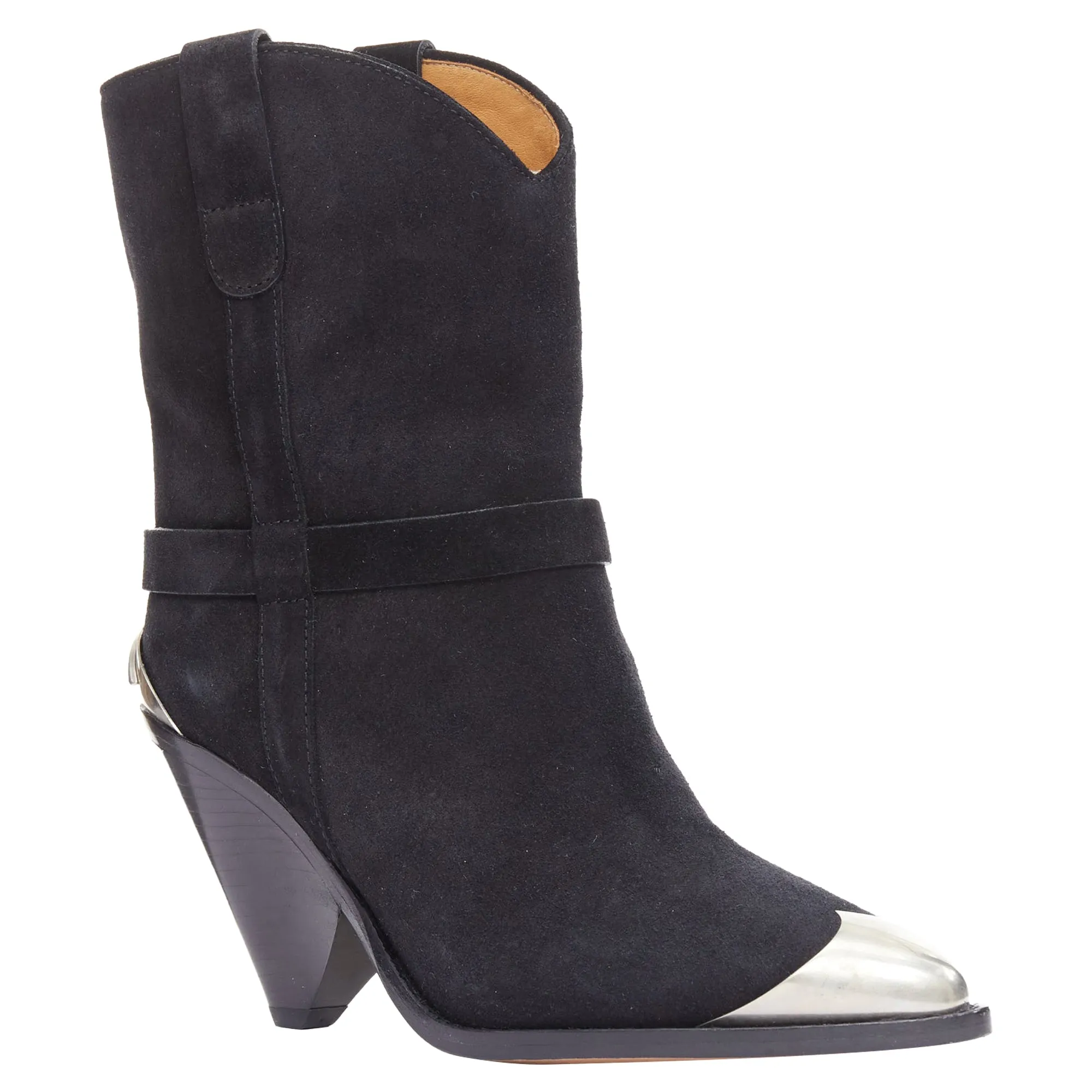 Isabel Marant Lamsy suede leather cap toes ankles cone boots