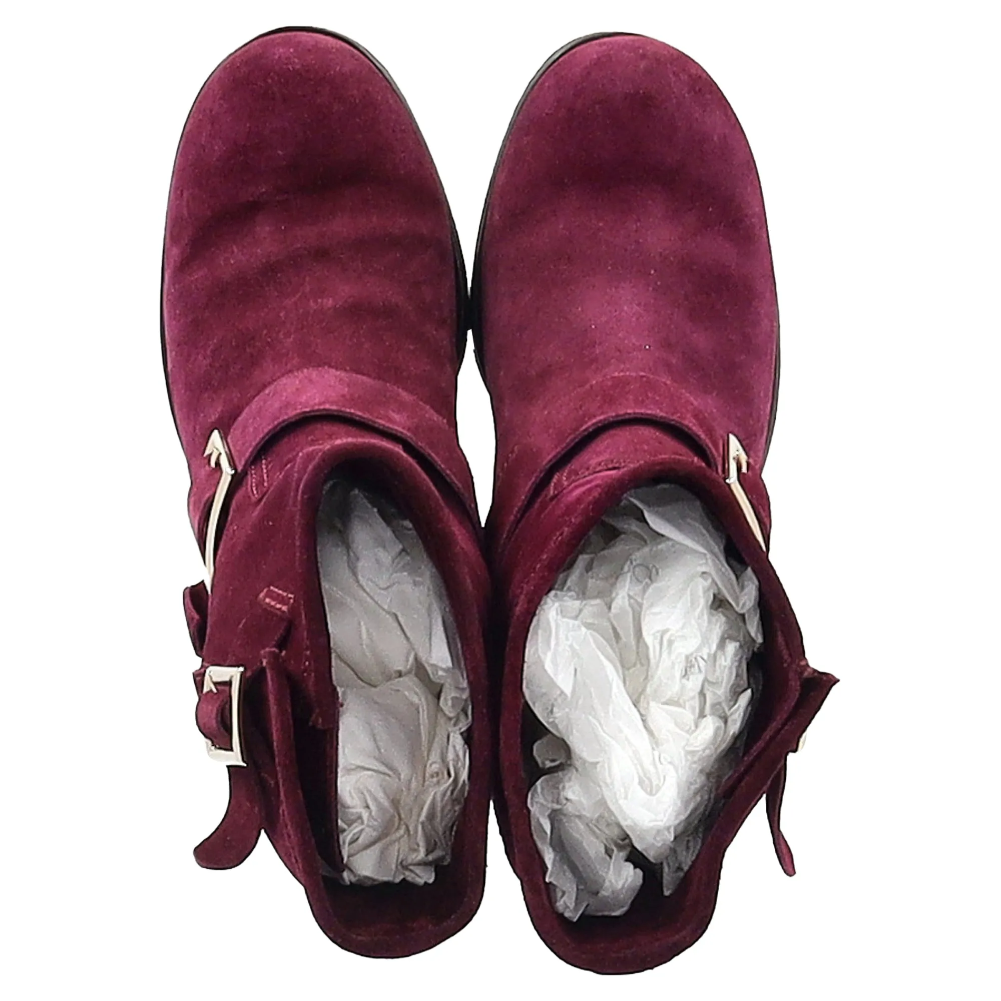 Jimmy Choo Double-Buckle Detail Ankle Boots in Burgundy Suede