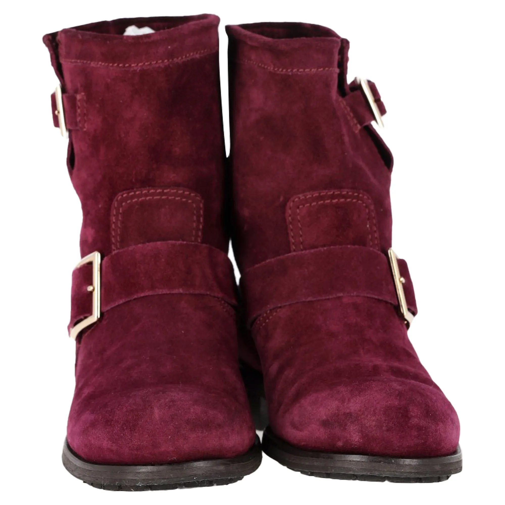 Jimmy Choo Double-Buckle Detail Ankle Boots in Burgundy Suede