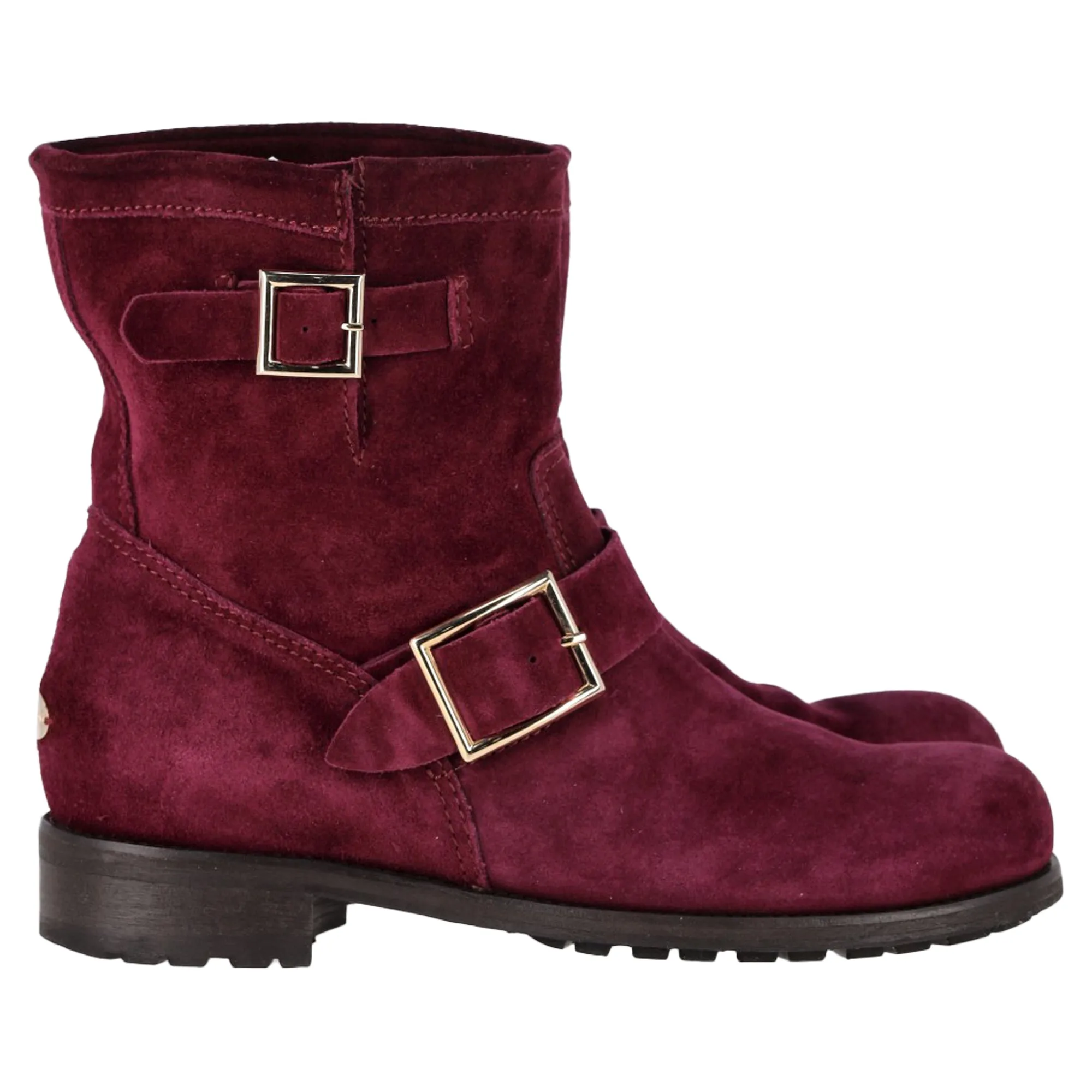 Jimmy Choo Double-Buckle Detail Ankle Boots in Burgundy Suede