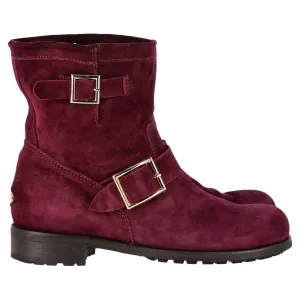 Jimmy Choo Double-Buckle Detail Ankle Boots in Burgundy Suede