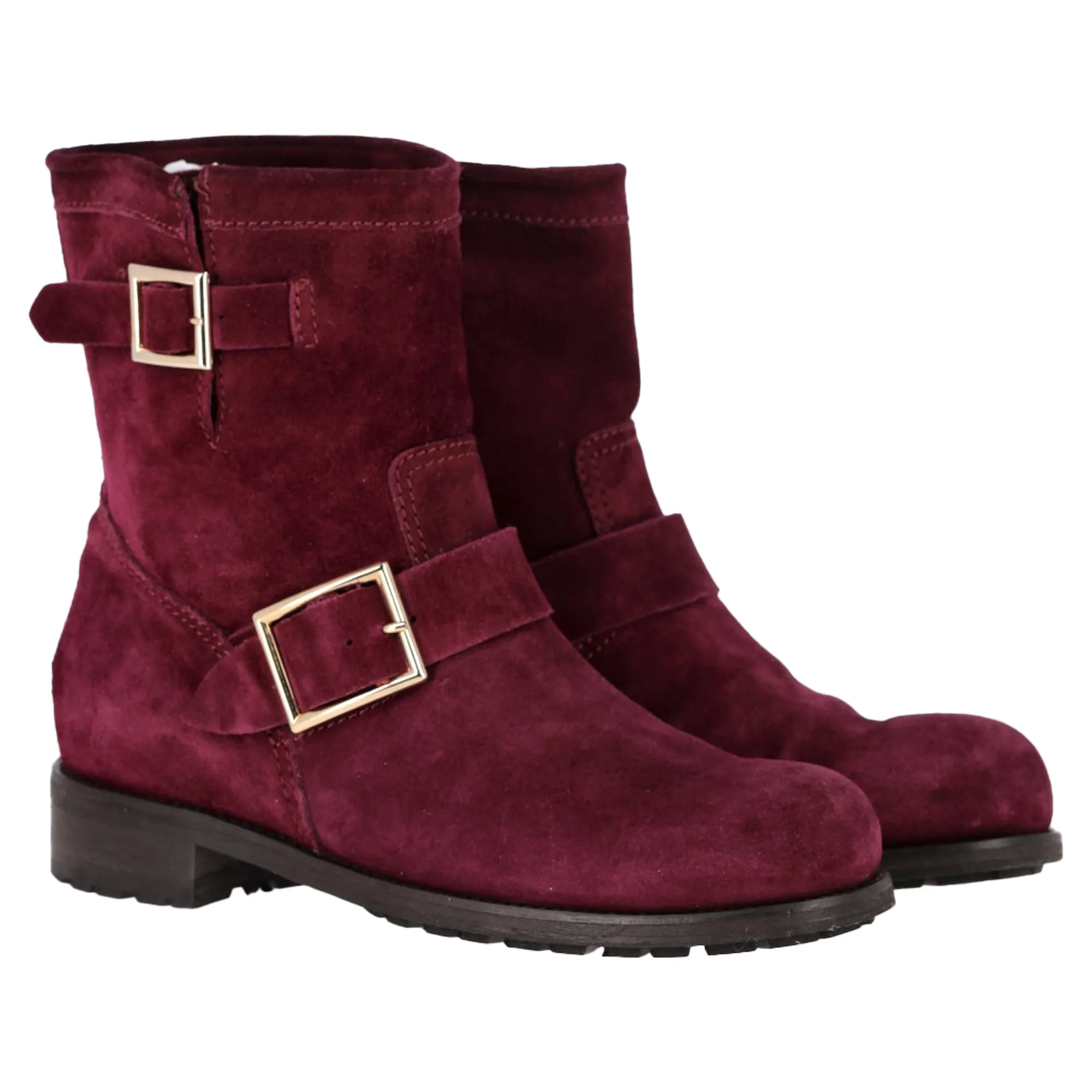 Jimmy Choo Double-Buckle Detail Ankle Boots in Burgundy Suede