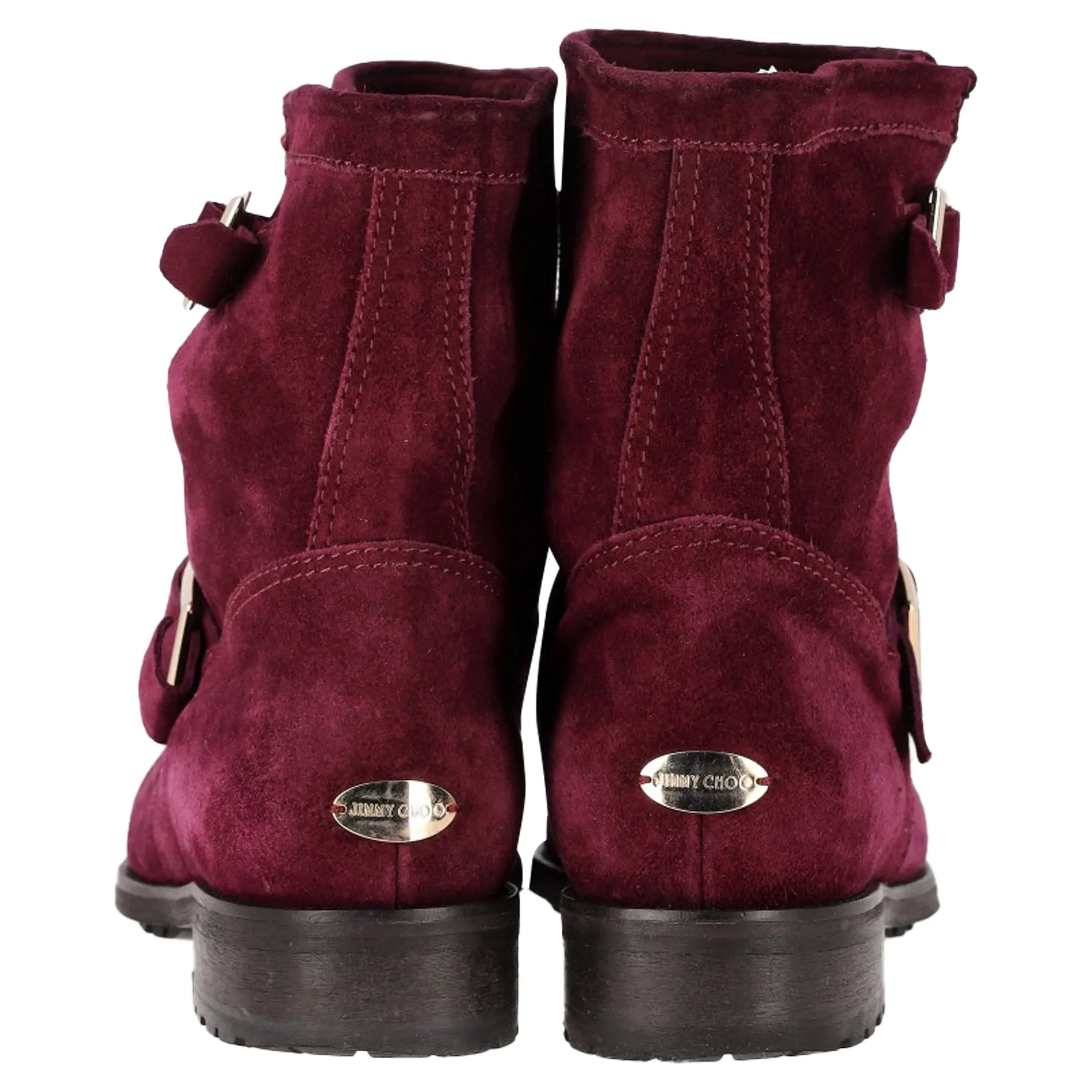 Jimmy Choo Double-Buckle Detail Ankle Boots in Burgundy Suede