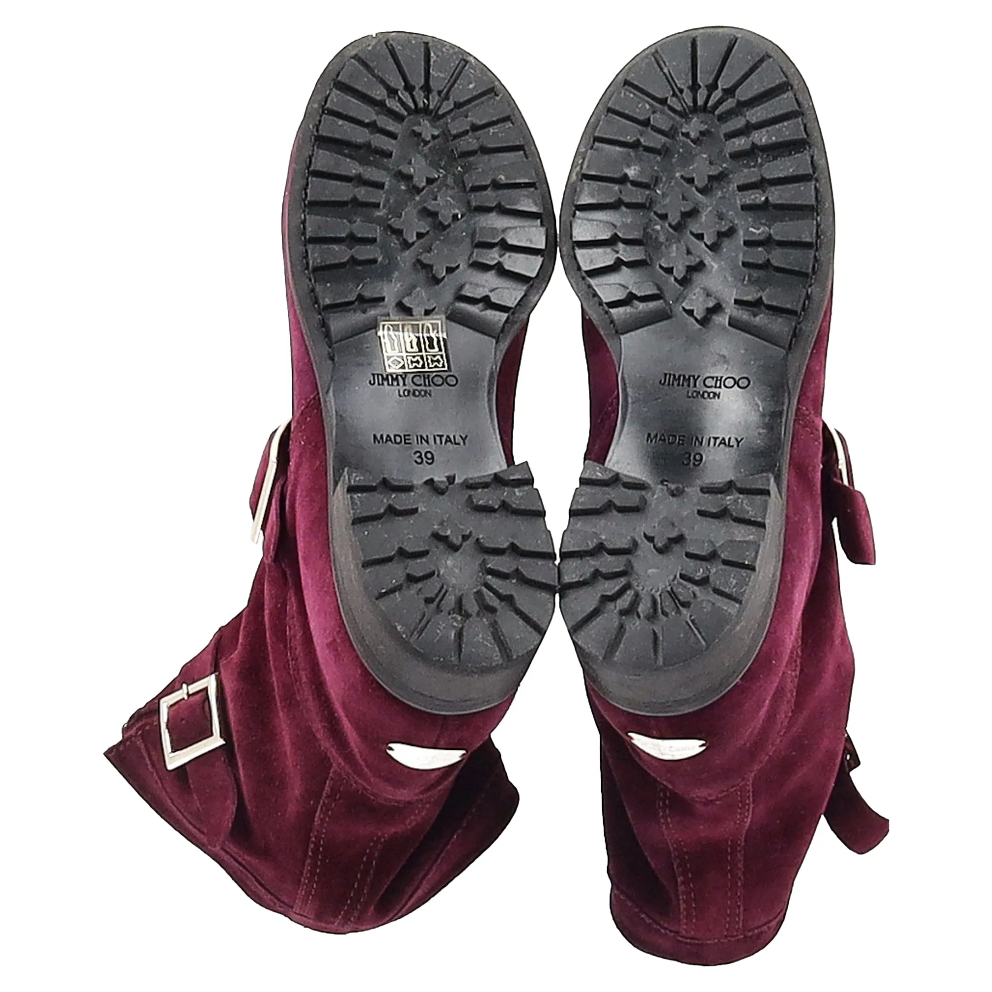 Jimmy Choo Double-Buckle Detail Ankle Boots in Burgundy Suede