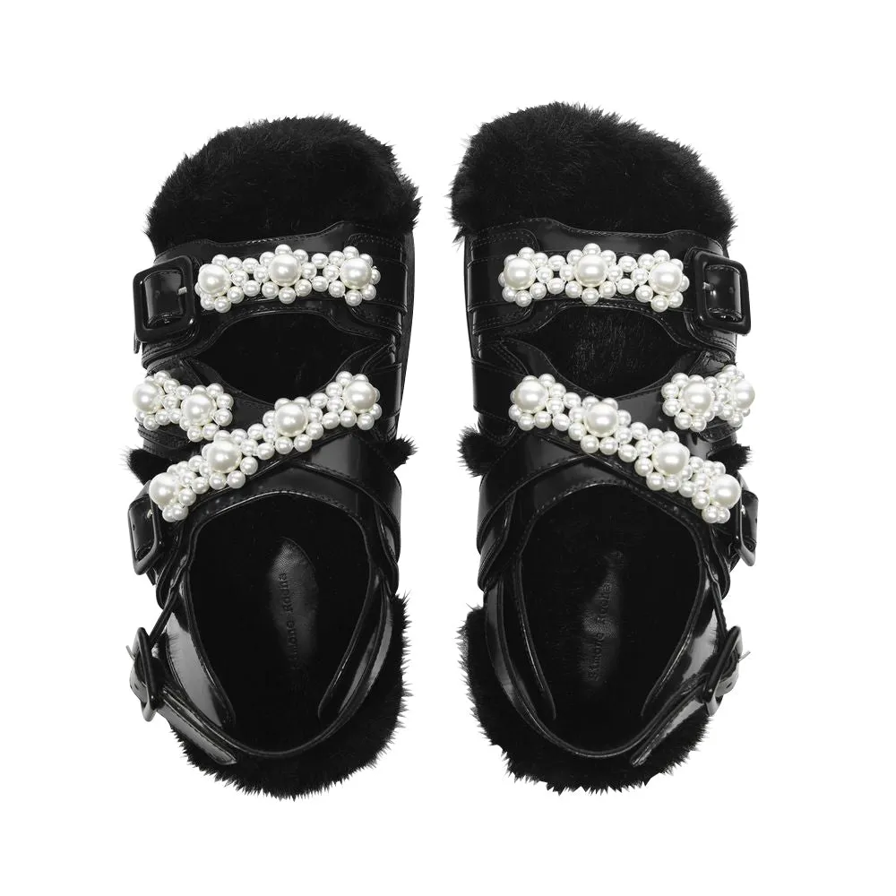 Multi-Strap Track Sandal in Black Pearl Leather