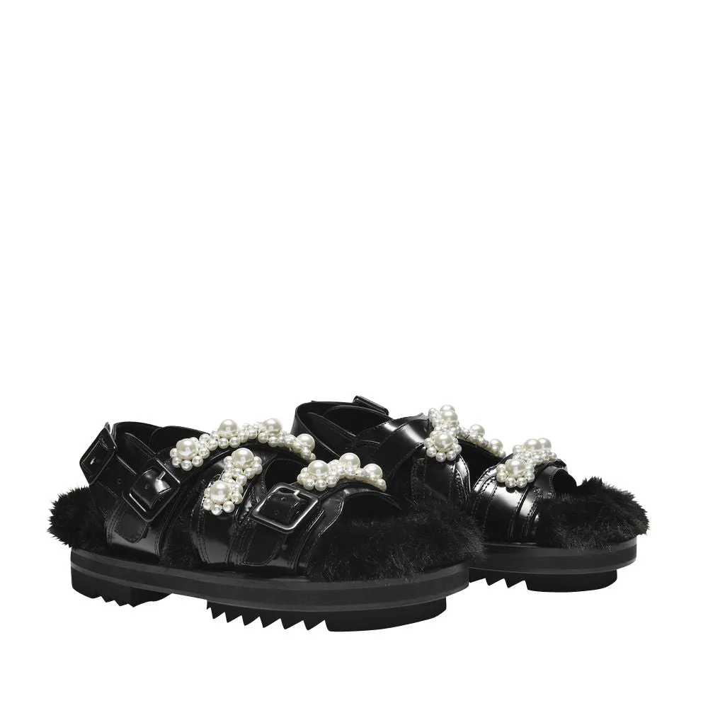Multi-Strap Track Sandal in Black Pearl Leather