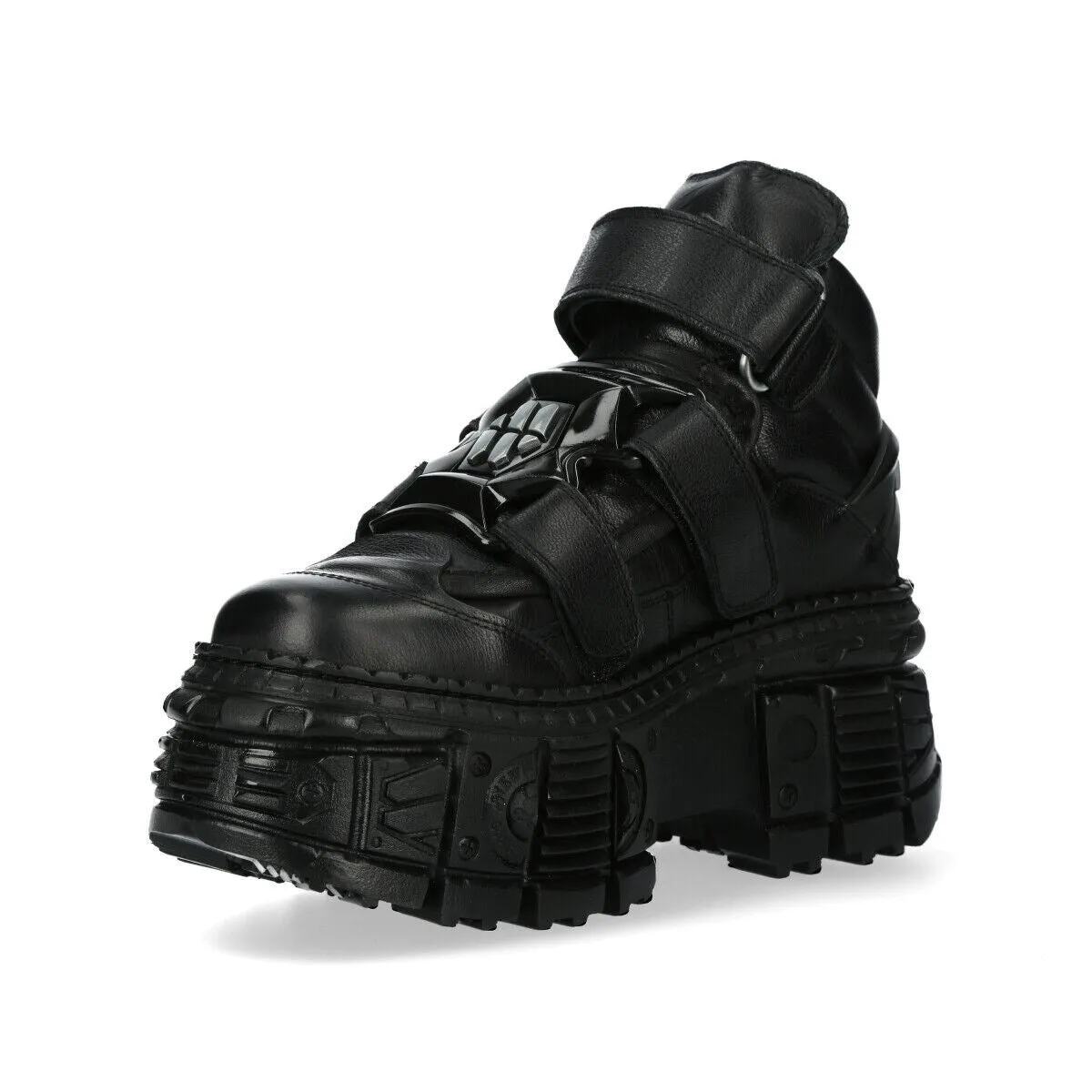 New Rock Metallic Ankle Black Leather Boots-WALL285-S2