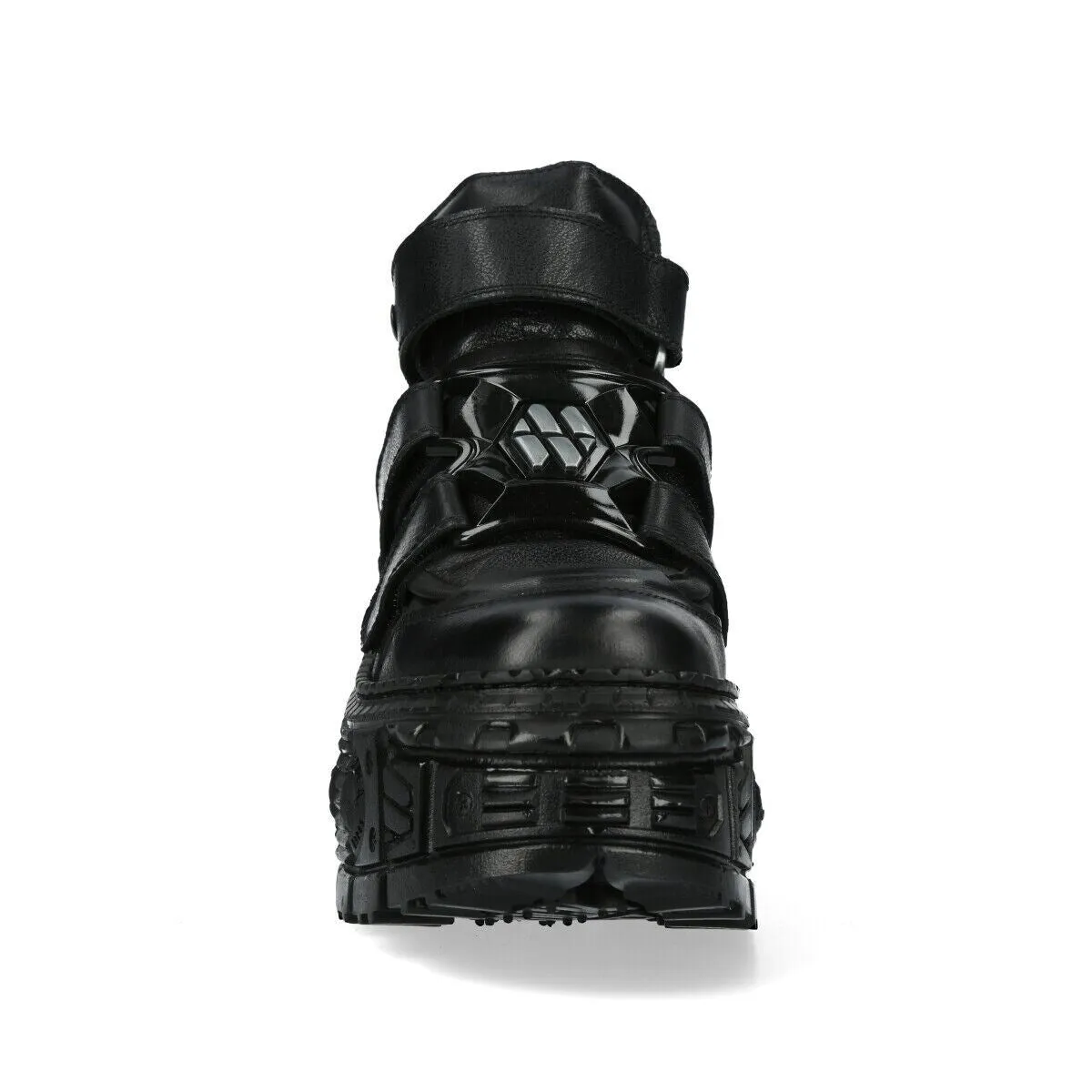 New Rock Metallic Ankle Black Leather Boots-WALL285-S2