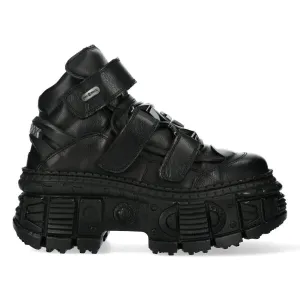 New Rock Metallic Ankle Black Leather Boots-WALL285-S2