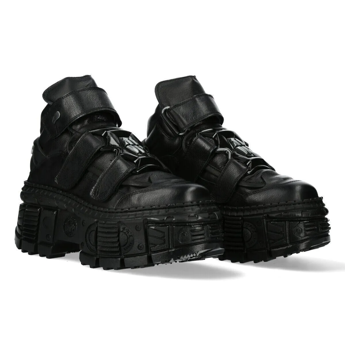 New Rock Metallic Ankle Black Leather Boots-WALL285-S2