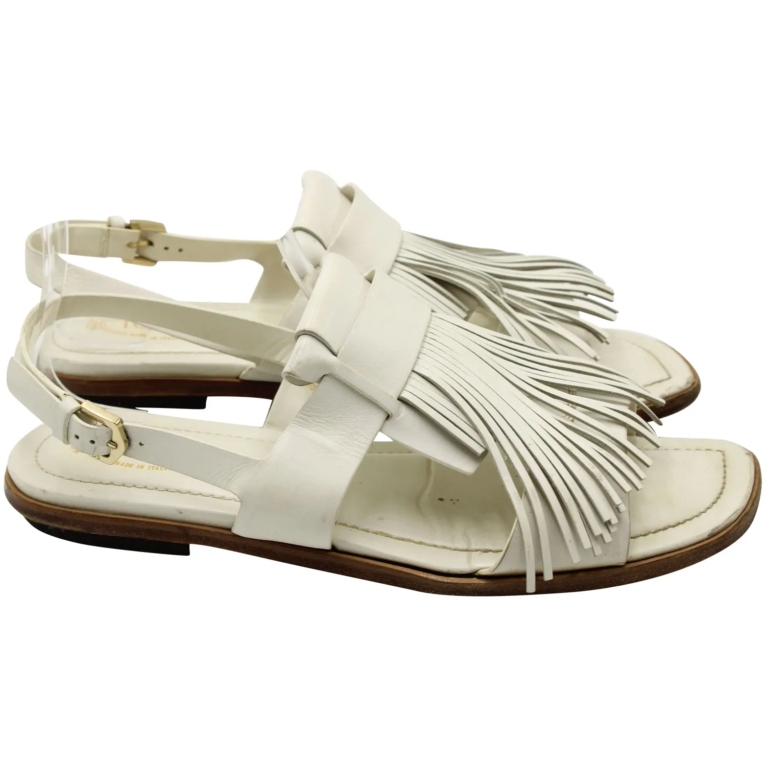Tod's Fringed Slingback Flat Sandals in White Leather
