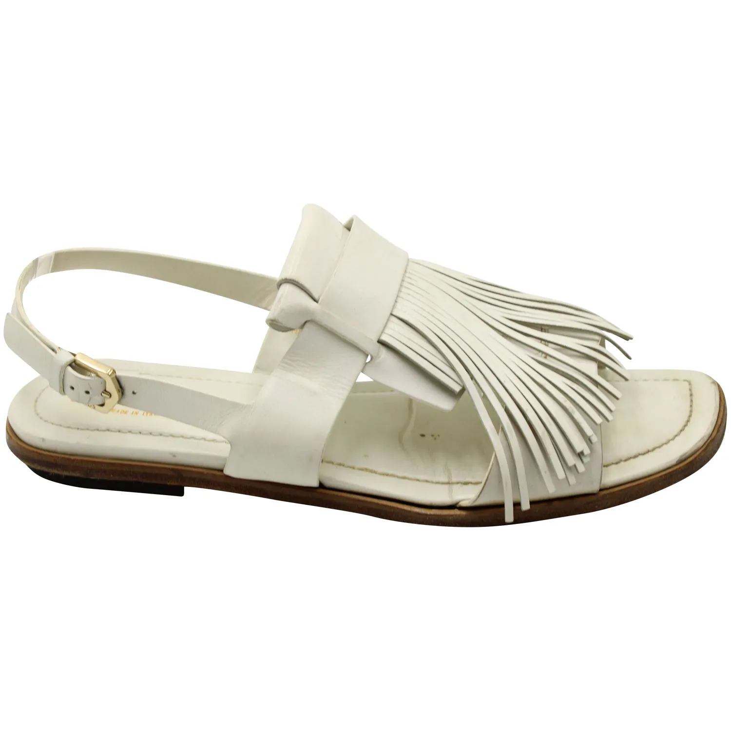 Tod's Fringed Slingback Flat Sandals in White Leather