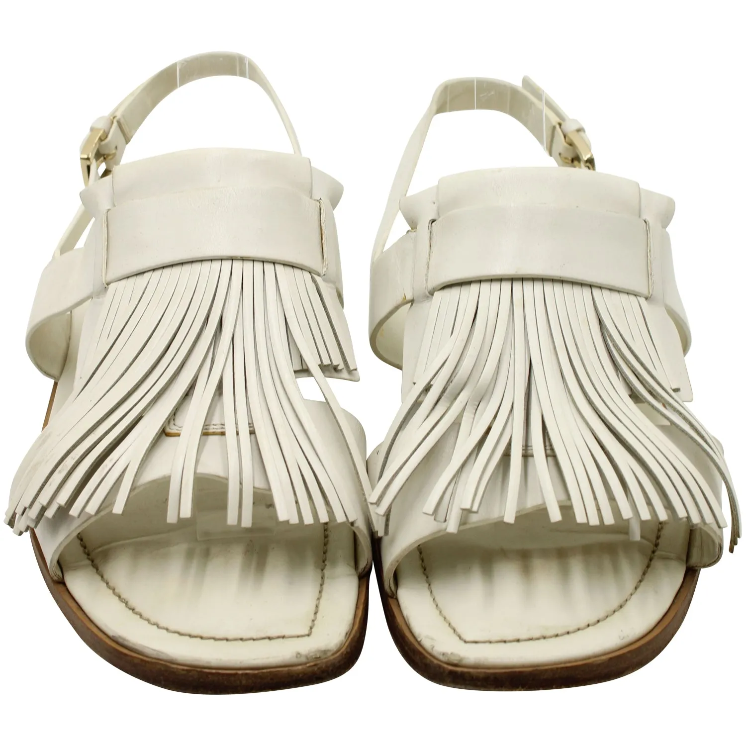 Tod's Fringed Slingback Flat Sandals in White Leather