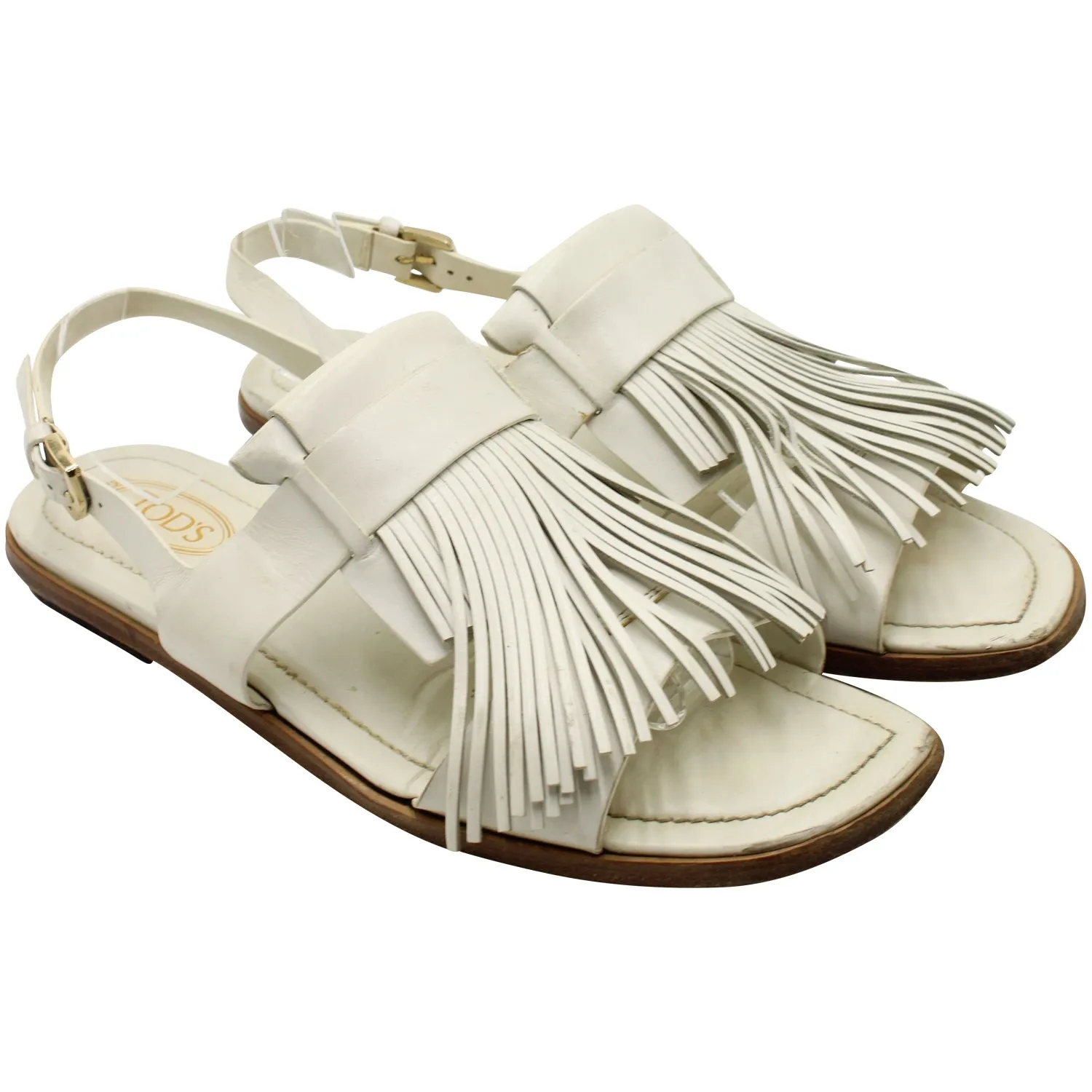 Tod's Fringed Slingback Flat Sandals in White Leather