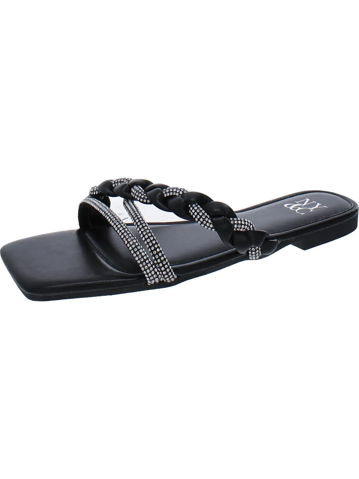 Womens Embellished Faux Leather Slide Sandals