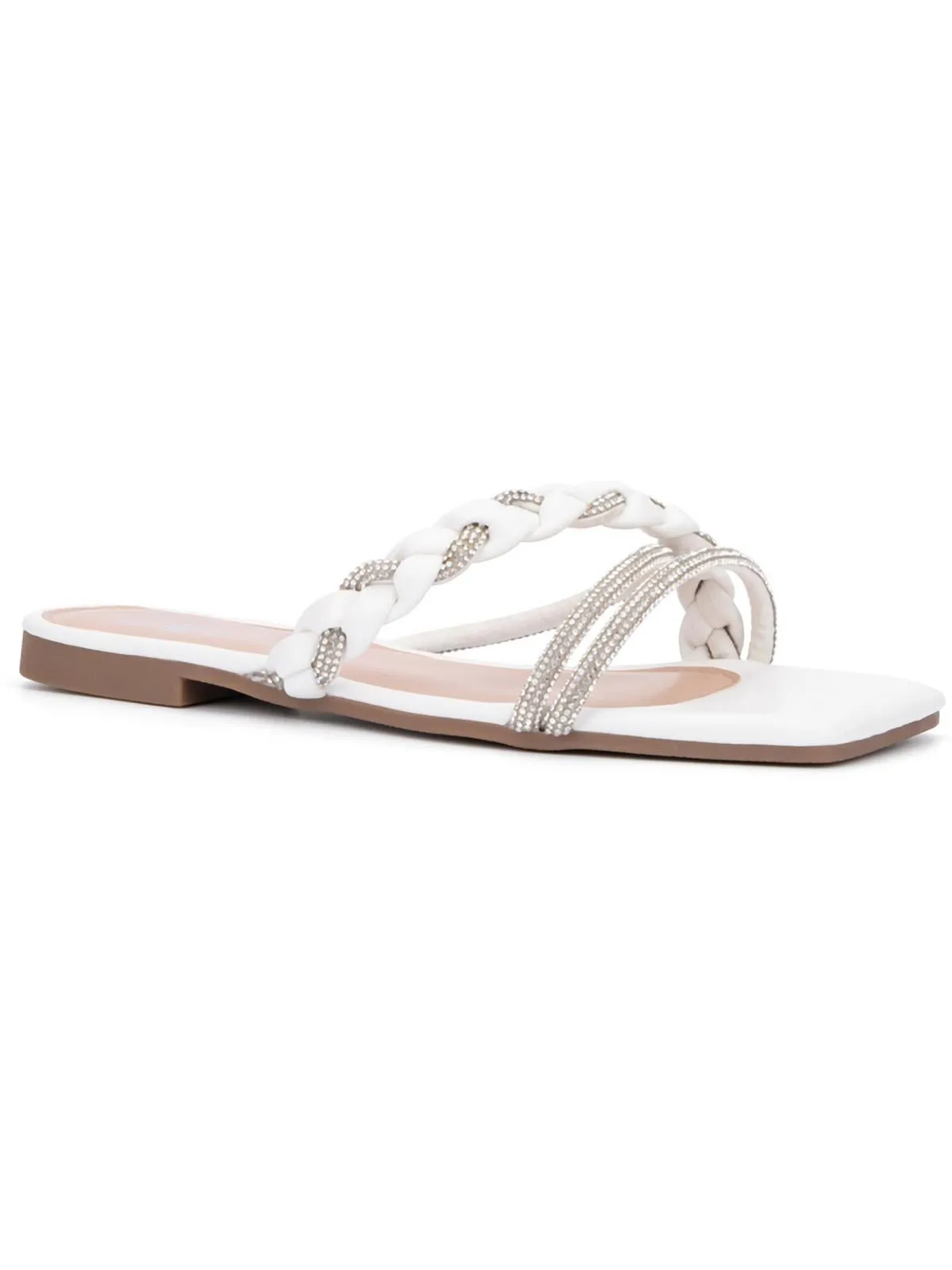 Womens Embellished Faux Leather Slide Sandals
