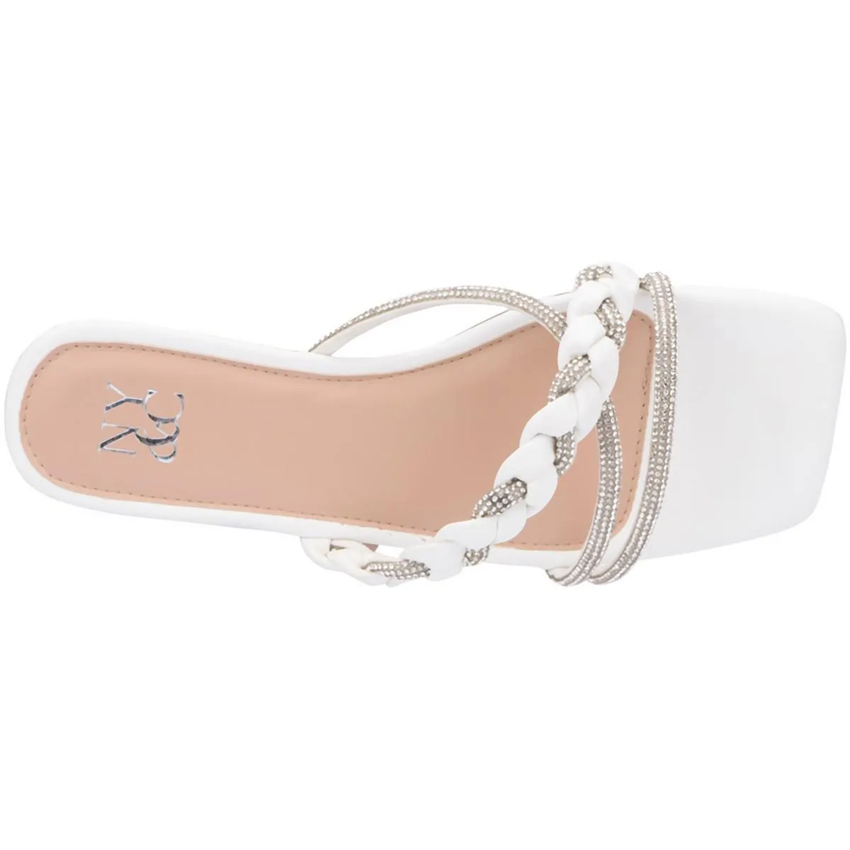 Womens Embellished Faux Leather Slide Sandals
