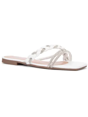 Womens Embellished Faux Leather Slide Sandals