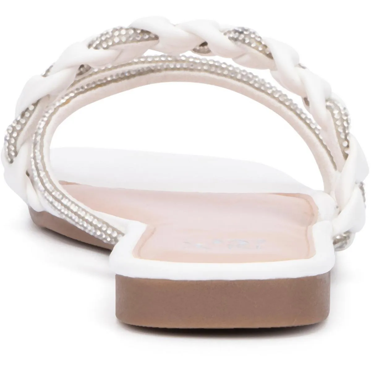 Womens Embellished Faux Leather Slide Sandals